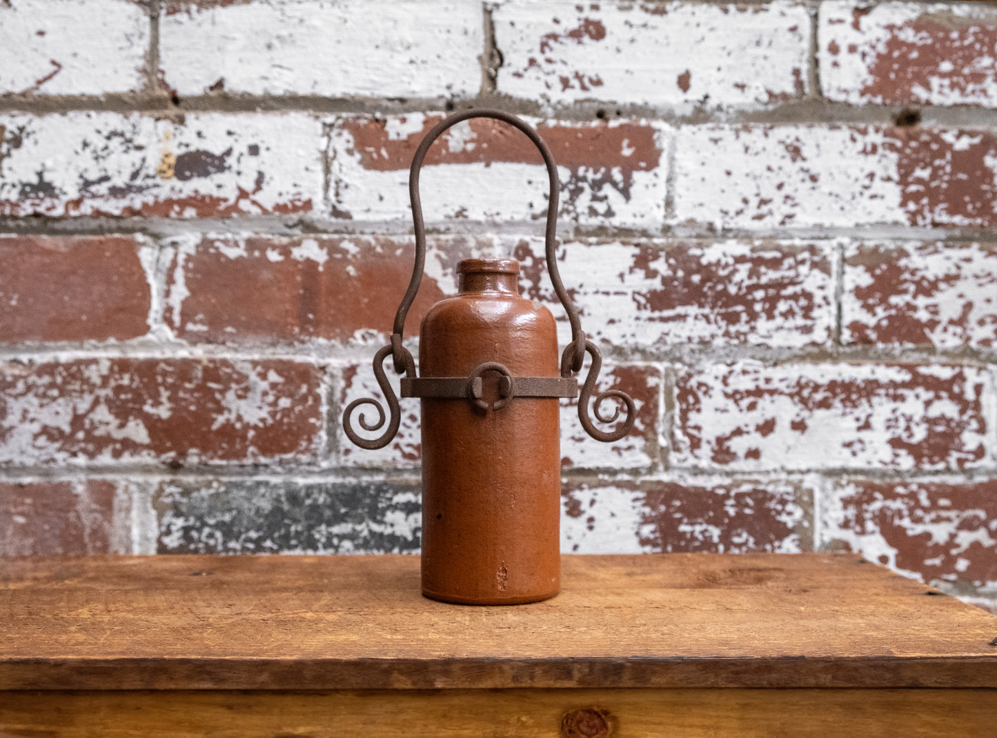 Stoneware Bottle with Metal Carrier