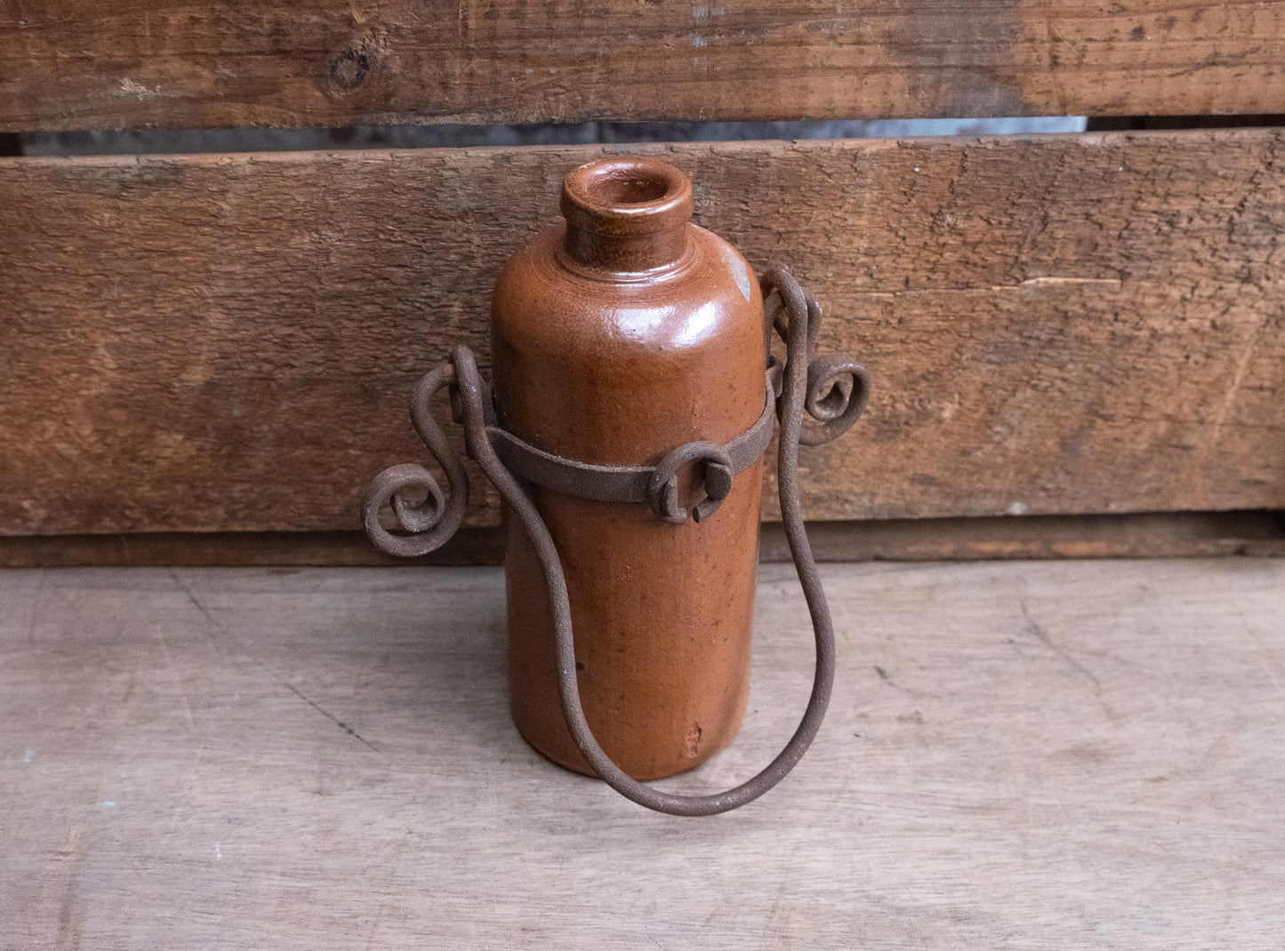 Stoneware Bottle with Metal Carrier